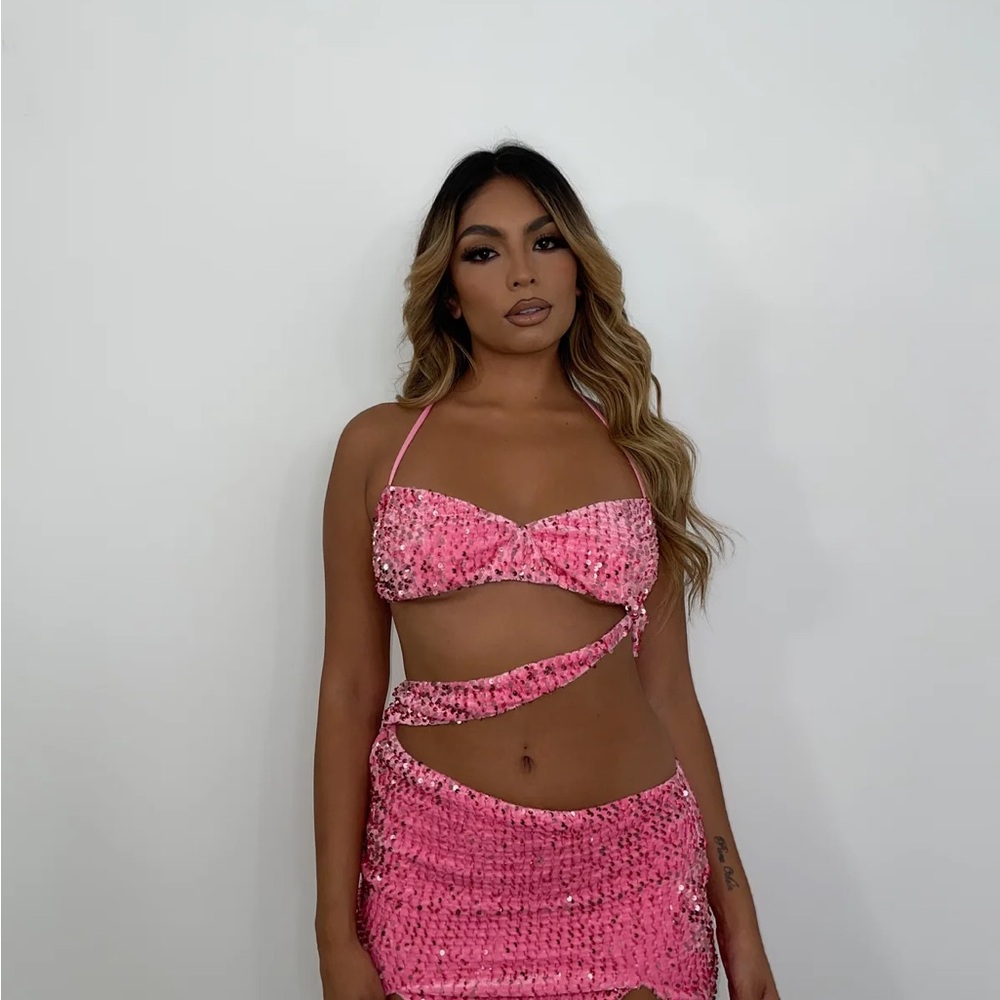 Algist Pink Sequin Halter Top and Skirt Attached Dress